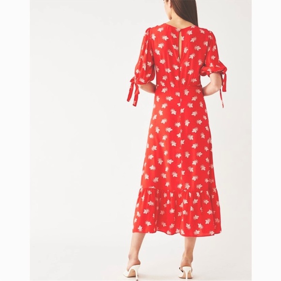 Ghost London red and white floral tie sleeve, short sleeve midi dress S - Picture 2 of 10